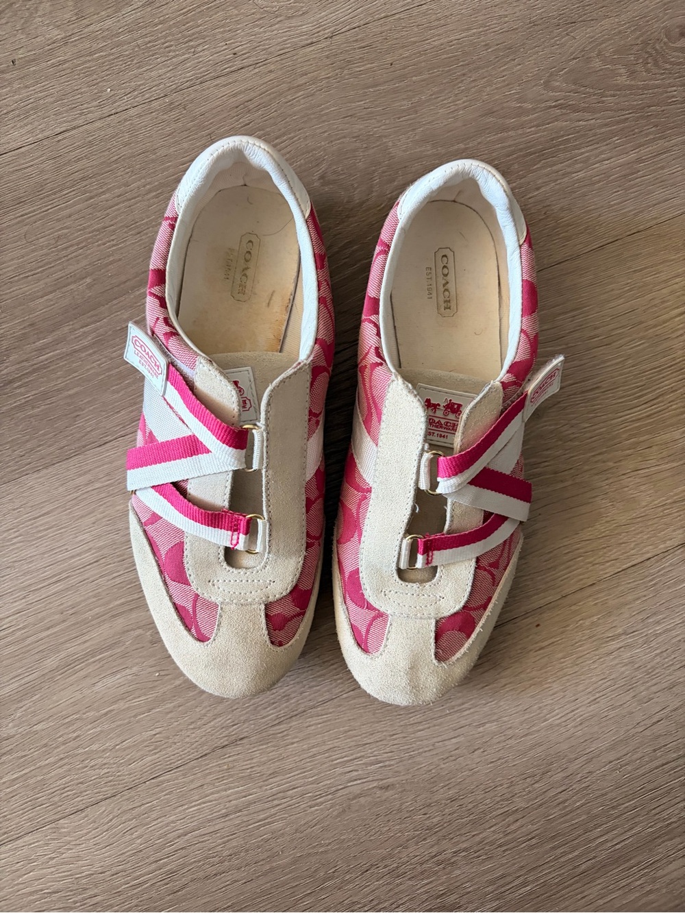 Coach Pink and Beige Signature Strap Sneakers need some love
